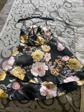 BCX Black Floral Slip Dress with Yellow and Pink Roses
